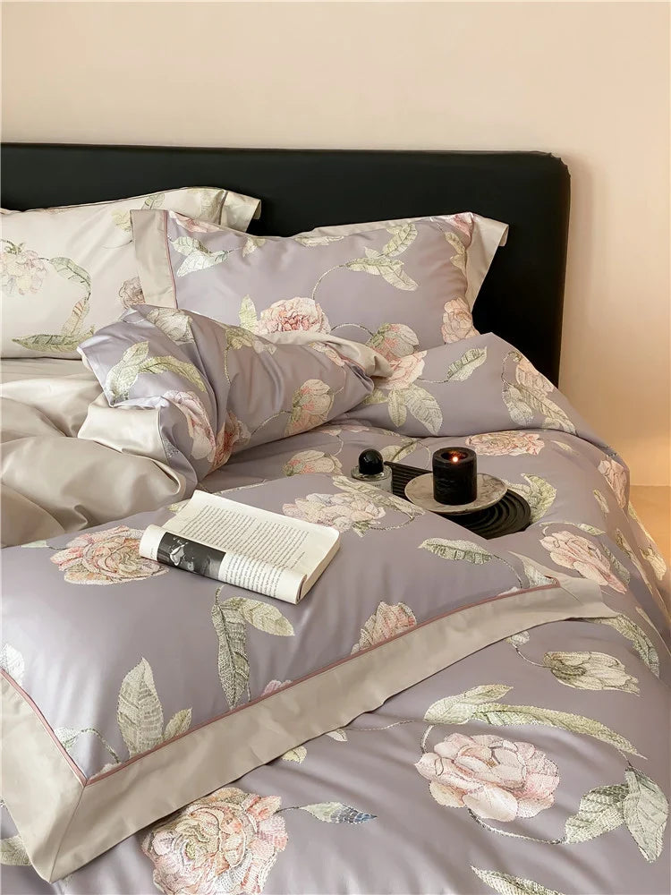Bedding Set Cotton Satin Watercolor Rose Concealed Zipper
