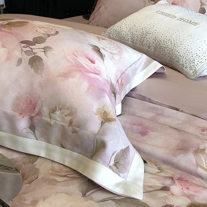 Bedding Set Cotton Satin Watercolor Rose Print Set of 4