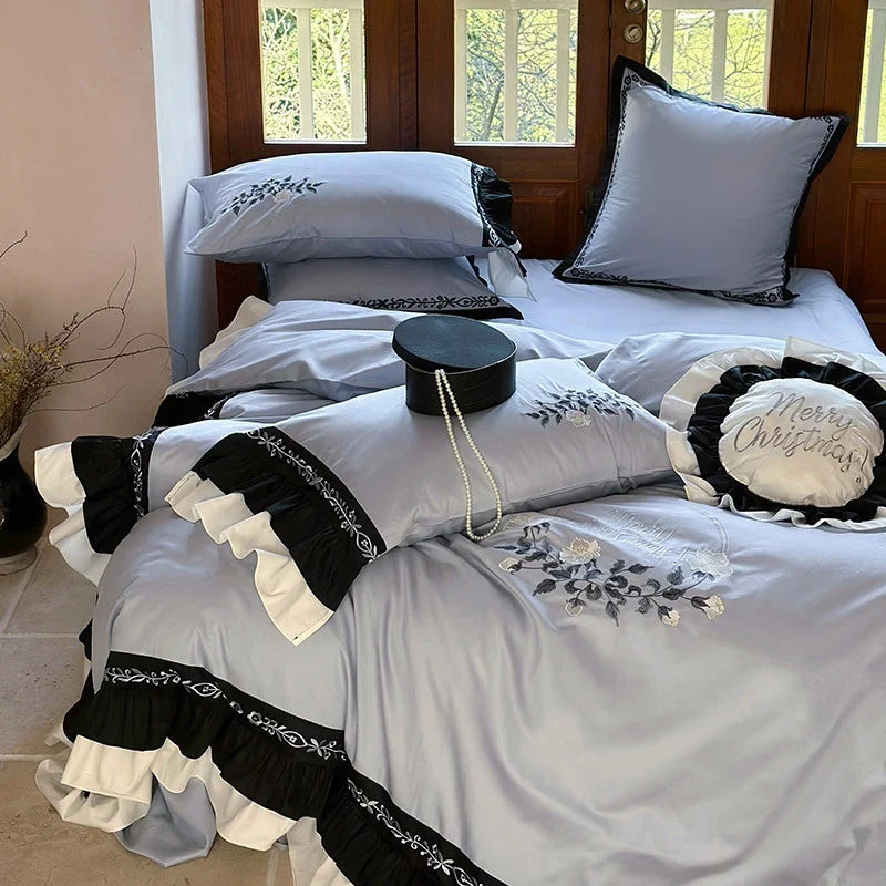 Bedding Set Embroidered Cotton Satin Concealed Zipper