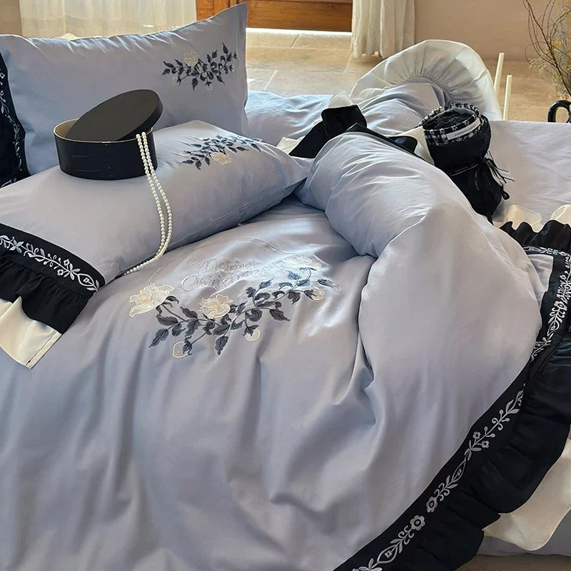 Bedding Set Embroidered Cotton Satin Concealed Zipper