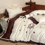 Bedding Set Embroidered Frilled Cotton Satin 4-Piece