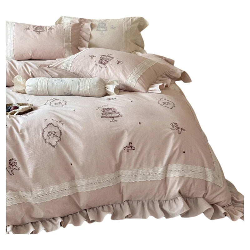 Bedding Set Embroidered Lace Trim Ruffled Hem