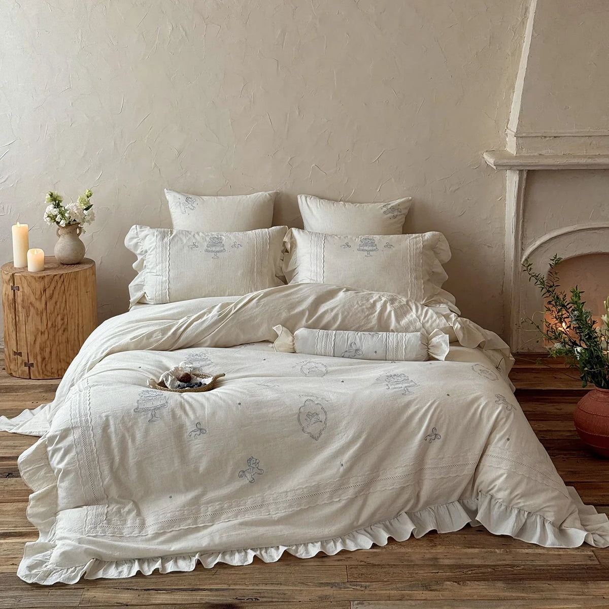 Bedding Set Embroidered Lace Trim Ruffled Hem
