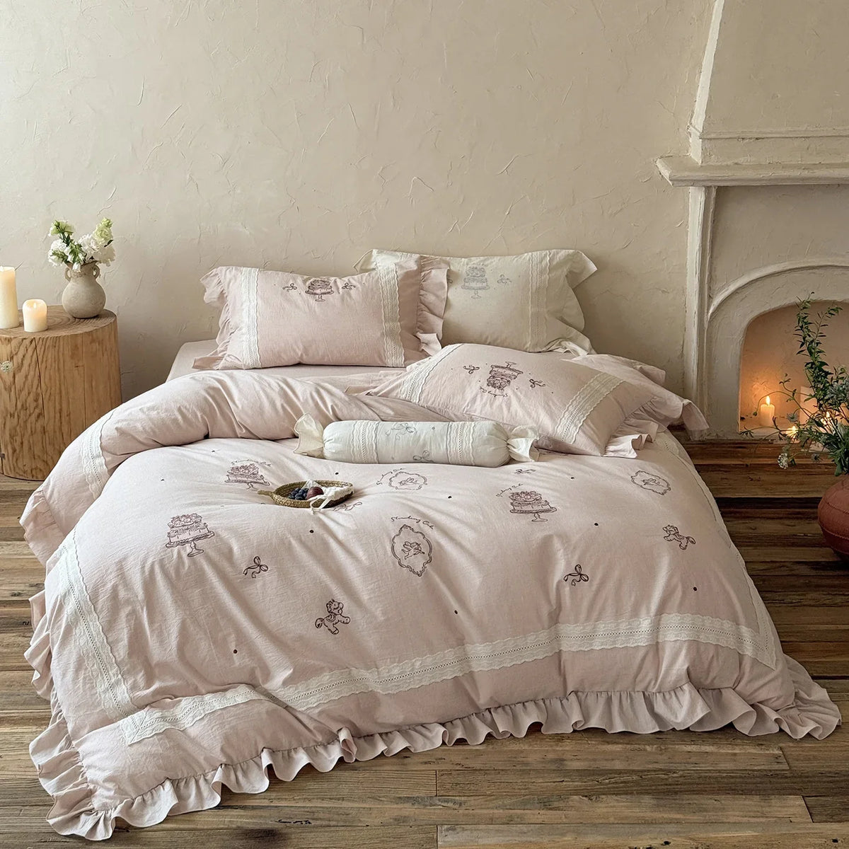 Bedding Set Embroidered Lace Trim Ruffled Hem