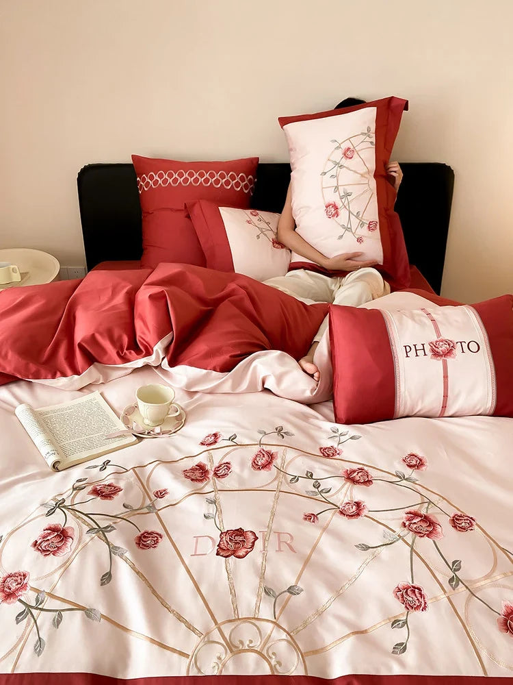 Bedding Set Embroidered Rose Cotton Satin & Machine Washable