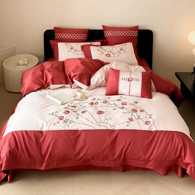 Bedding Set Embroidered Rose Cotton Satin & Machine Washable