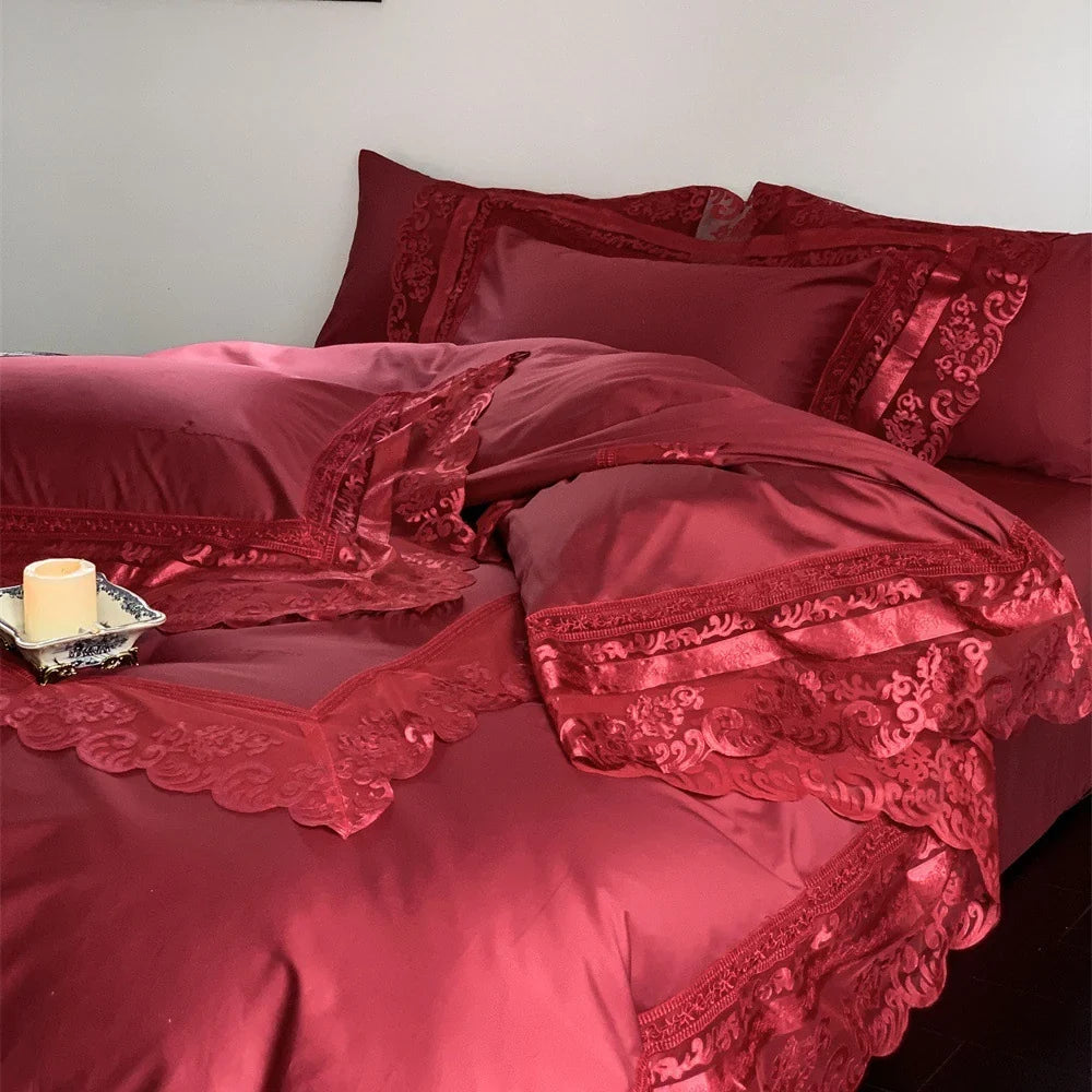 Bedding Set Fine Cotton Satin Lace & Jacquard Trim