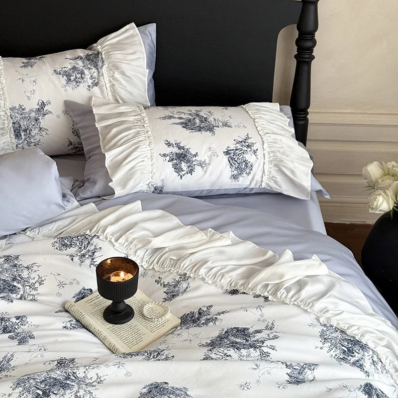 Bedding Set Fine Cotton Satin Vintage Print Ruffle Trim