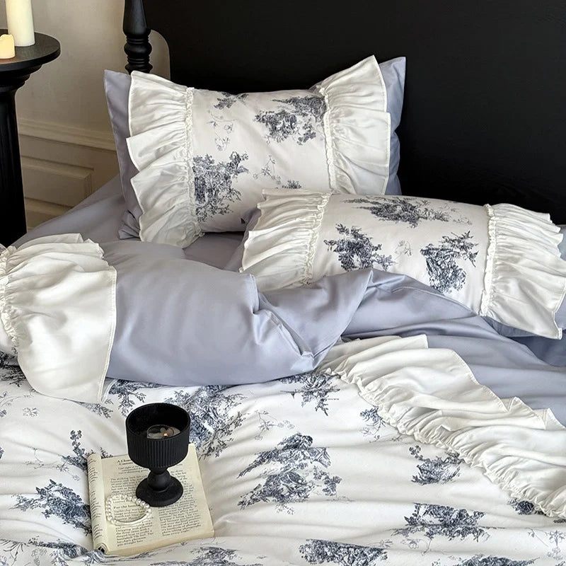 Bedding Set Fine Cotton Satin Vintage Print Ruffle Trim