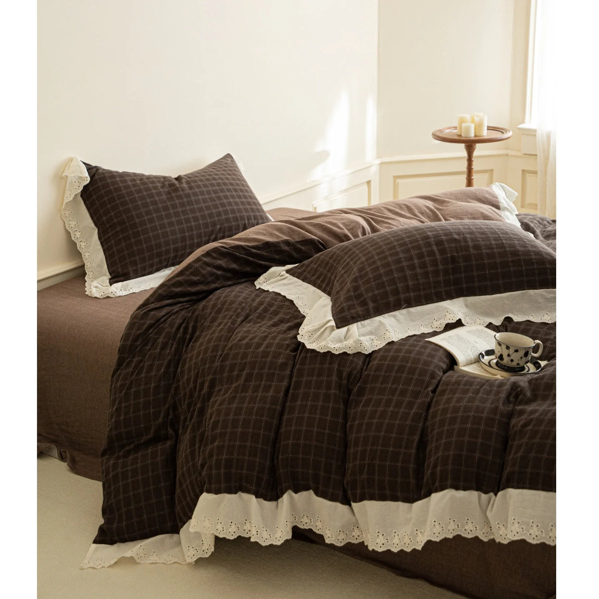 Bedding Set Flannel Reversible Check Pattern Lace Trim