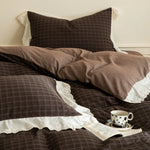 Bedding Set Flannel Reversible Check Pattern Lace Trim