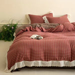 Bedding Set Flannel Reversible Check Pattern Lace Trim