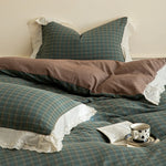 Bedding Set Flannel Reversible Check Pattern Lace Trim
