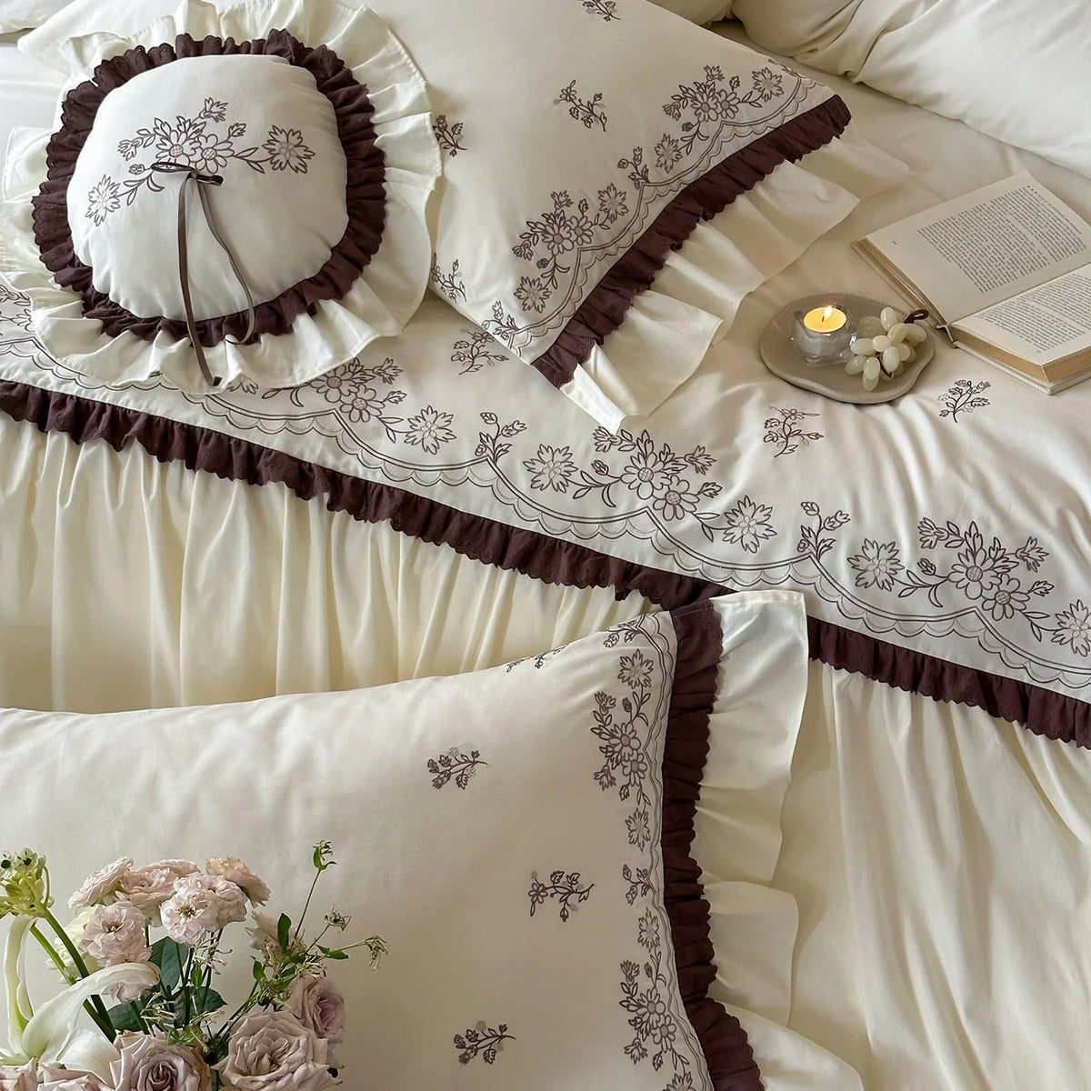 Bedding Set Floral Embroidered Topper & Ruffled Bed Skirt