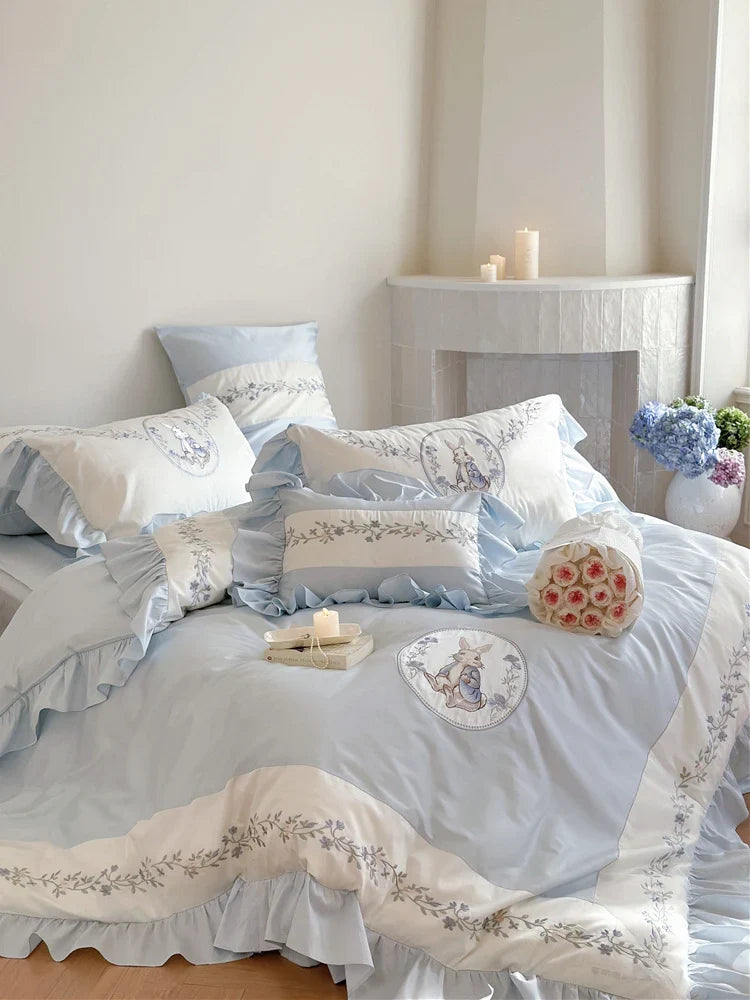 Bedding Set Floral Embroidery Ruffle Edge Breathable Cotton Blend