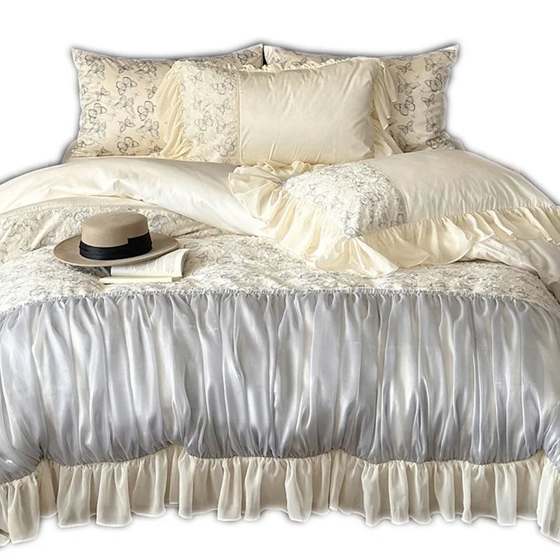 Bedding Set Floral Jacquard & Gathered Satin 4-Piece Set