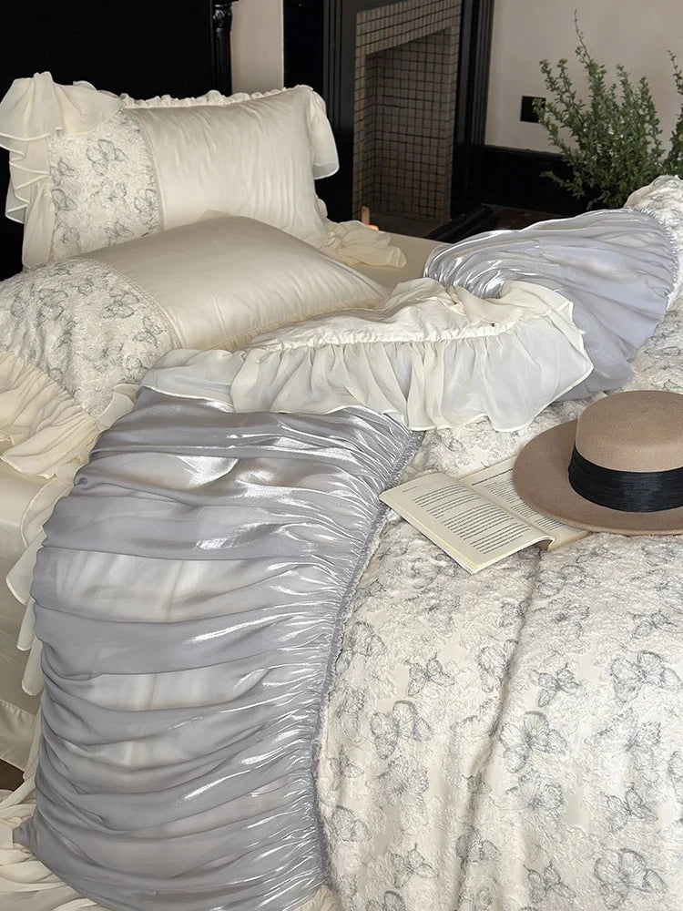 Bedding Set Floral Jacquard & Gathered Satin 4-Piece Set