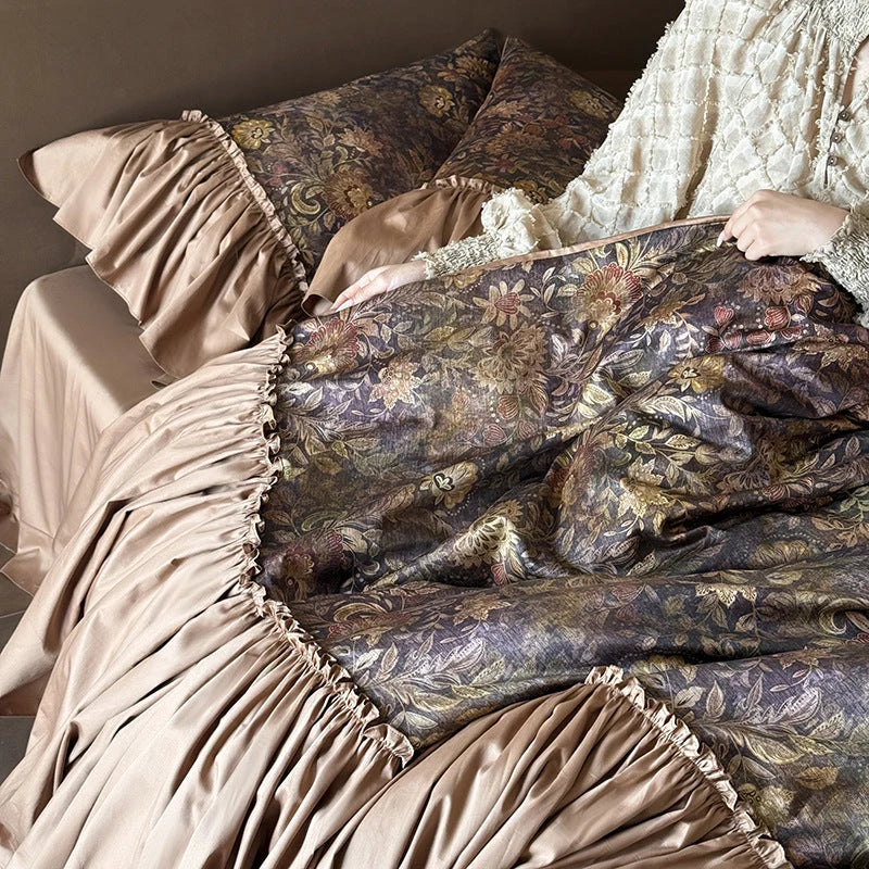 Bedding Set Floral Jacquard Ruffle Trim 4-Piece