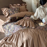 Bedding Set Floral Jacquard Ruffle Trim 4-Piece