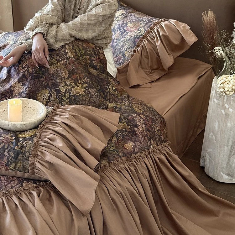 Bedding Set Floral Jacquard Ruffle Trim 4-Piece
