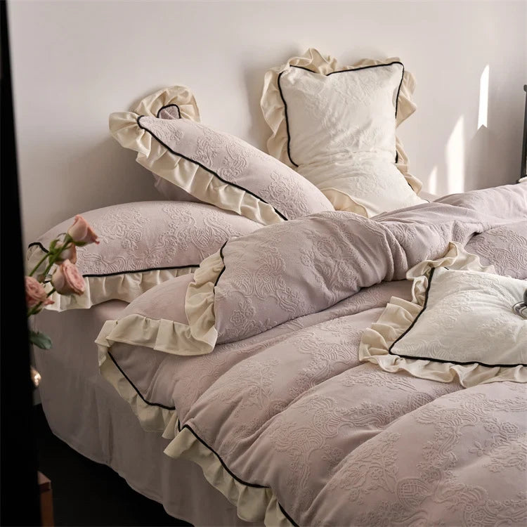 Bedding Set Floral Jacquard Ruffle Trim Easy-Care