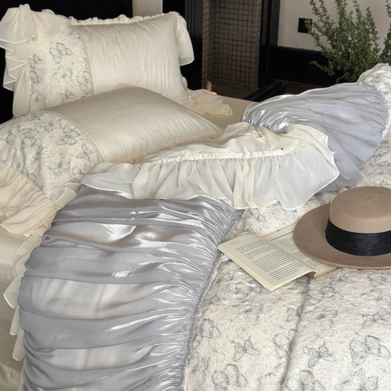 Bedding Set Floral Jacquard Satin Ruffle 4-Piece