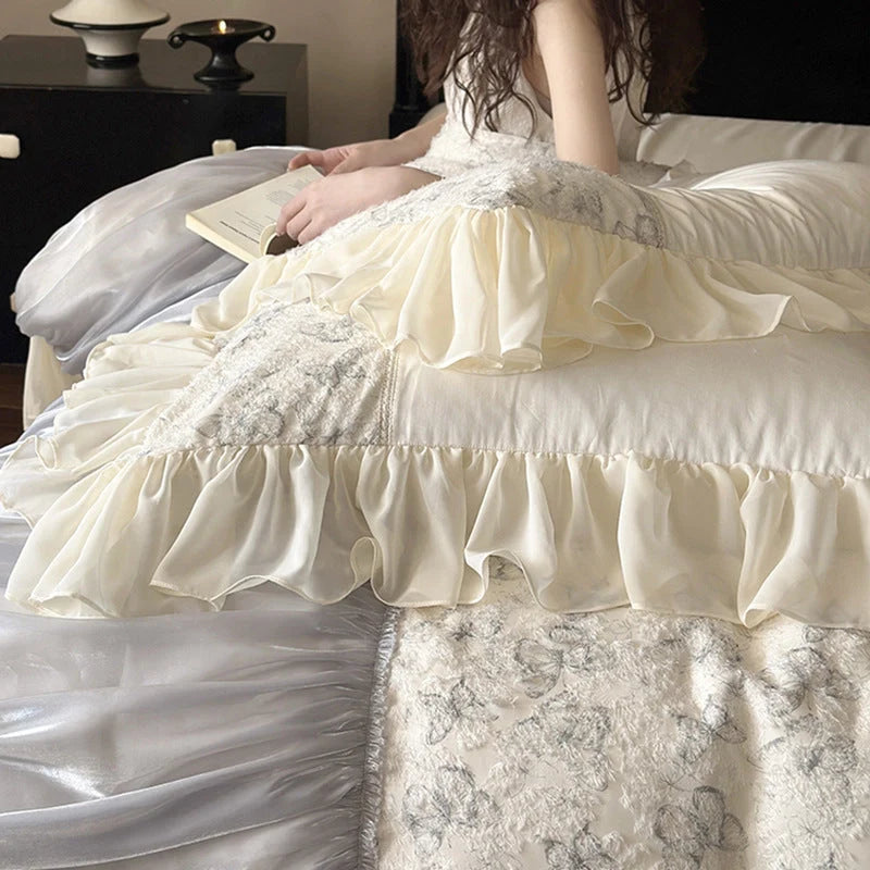 Bedding Set Floral Jacquard Satin Ruffle 4-Piece