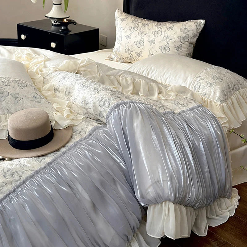 Bedding Set Floral Jacquard Satin Ruffle 4-Piece