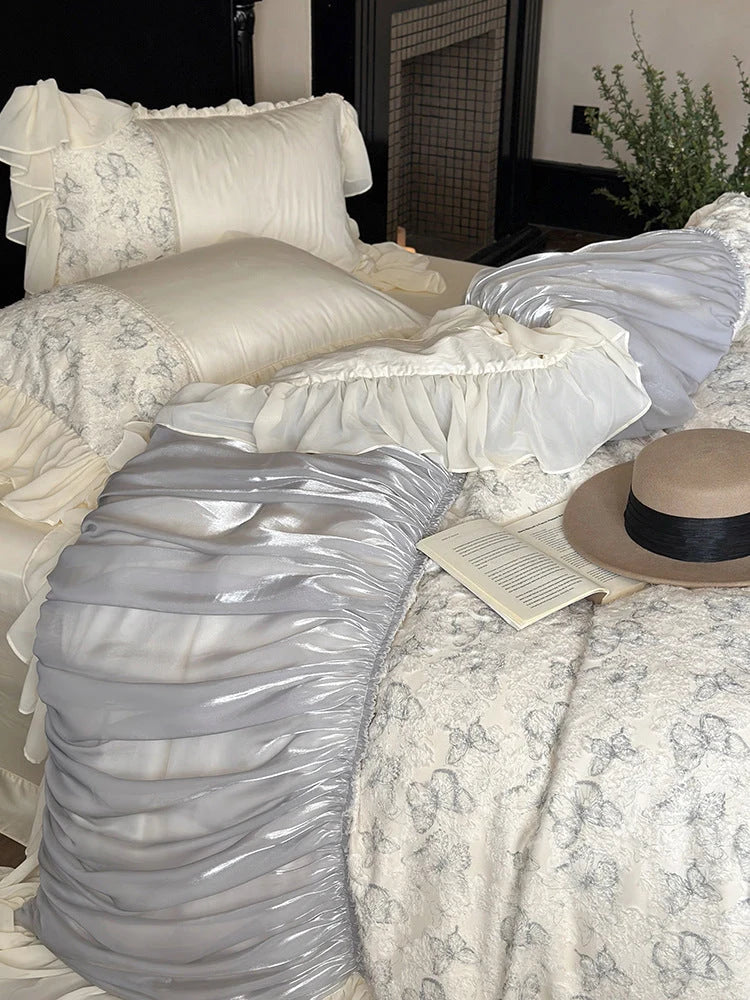 Bedding Set Floral Jacquard Satin Ruffle 4-Piece