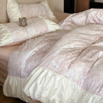 Bedding Set Floral Jacquard Satin Ruffled Edges