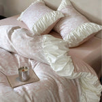 Bedding Set Floral Jacquard Satin Ruffled Edges