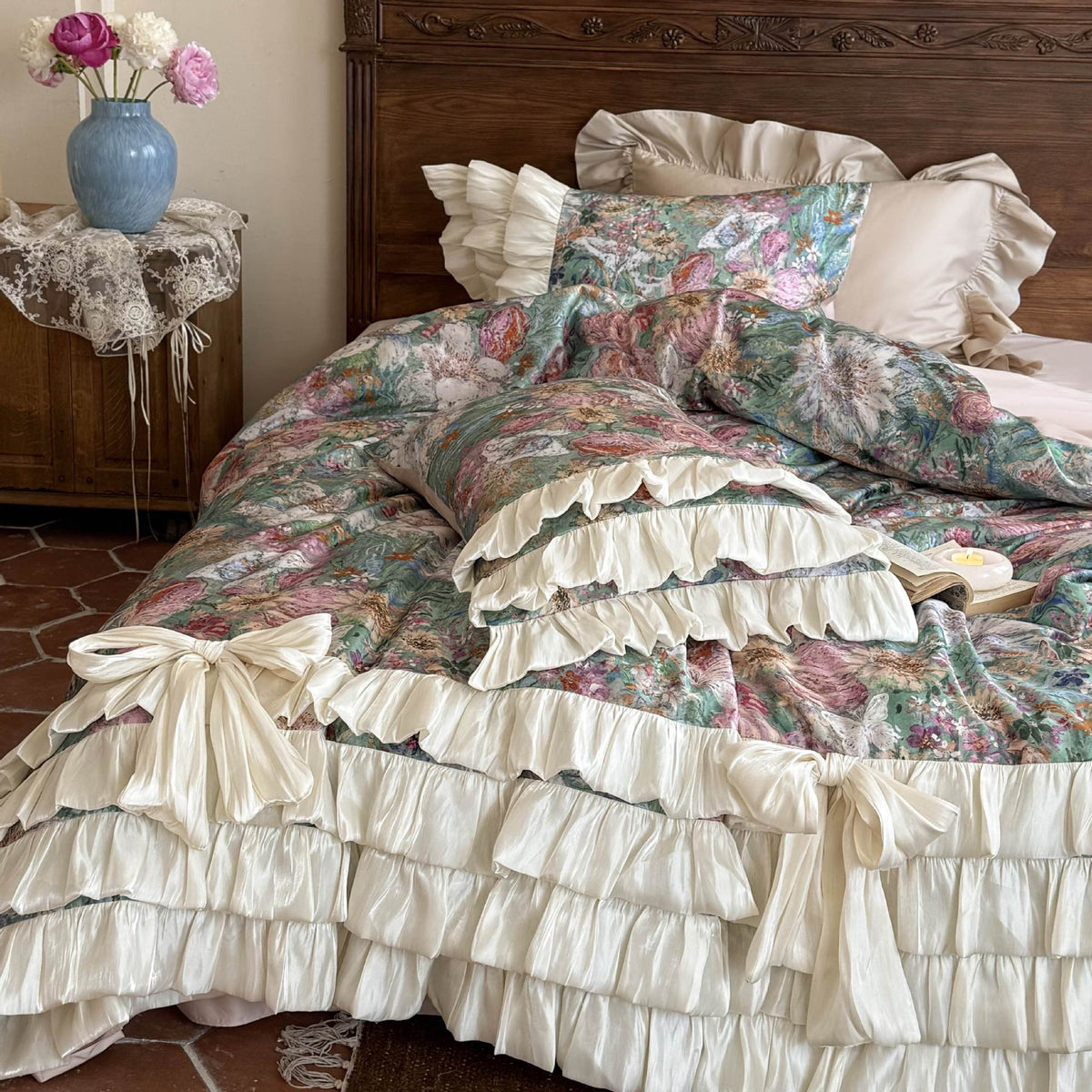 Bedding Set Floral Print Ruffle Trim 4-Piece
