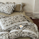 Bedding Set Floral Ruffle & Lace Cotton-Linen 4-Piece