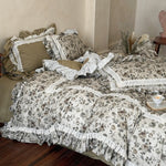 Bedding Set Floral Ruffle & Lace Cotton-Linen 4-Piece