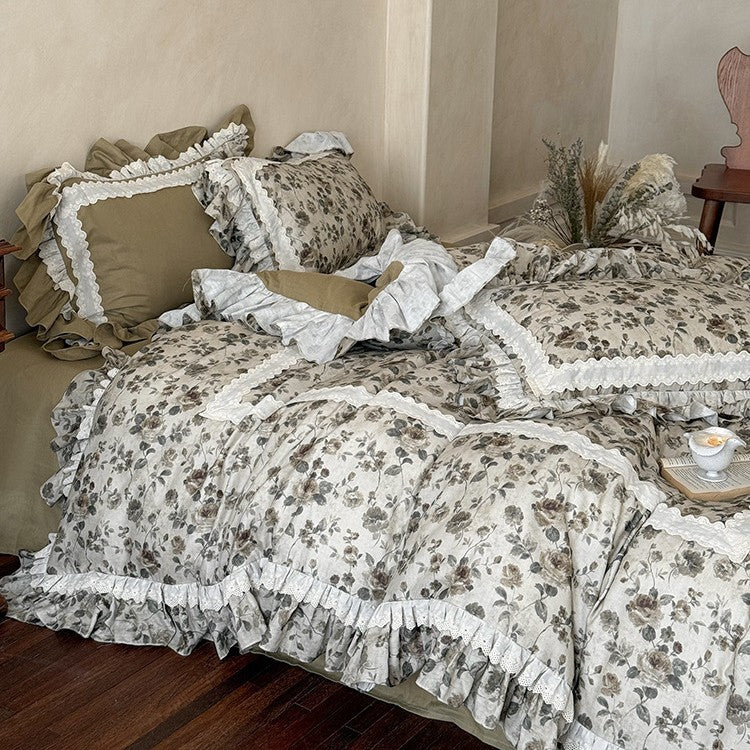 Bedding Set Floral Ruffle & Lace Cotton-Linen 4-Piece
