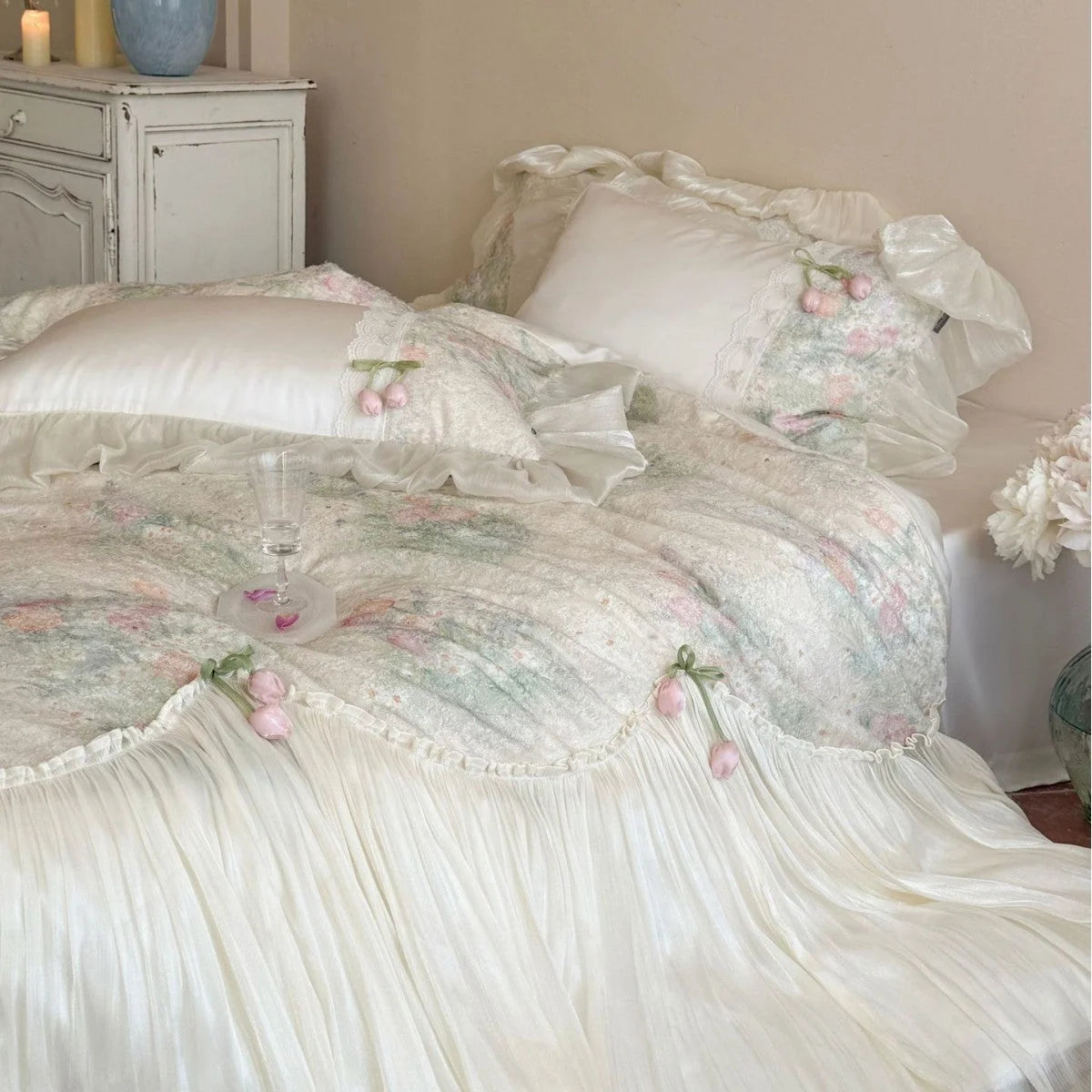 Bedding Set Floral Ruffled Cotton Blend 4-Piece