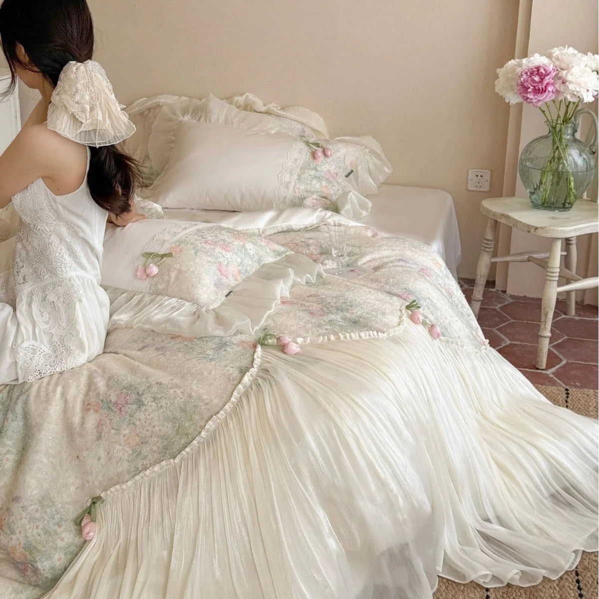 Bedding Set Floral Ruffled Cotton Blend 4-Piece