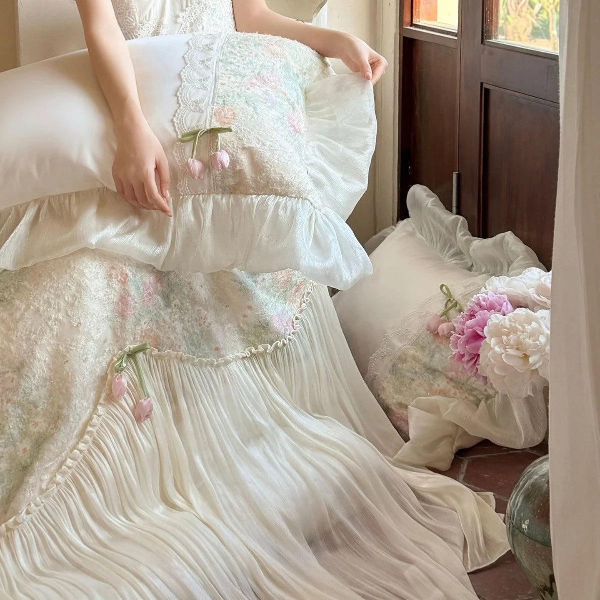 Bedding Set Floral Ruffled Cotton Blend 4-Piece