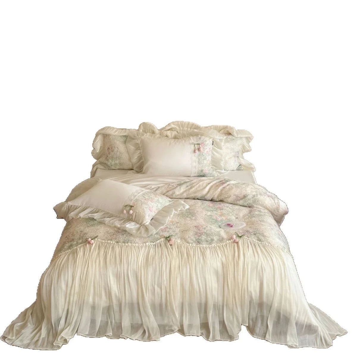 Bedding Set Floral Ruffled Cotton Blend 4-Piece