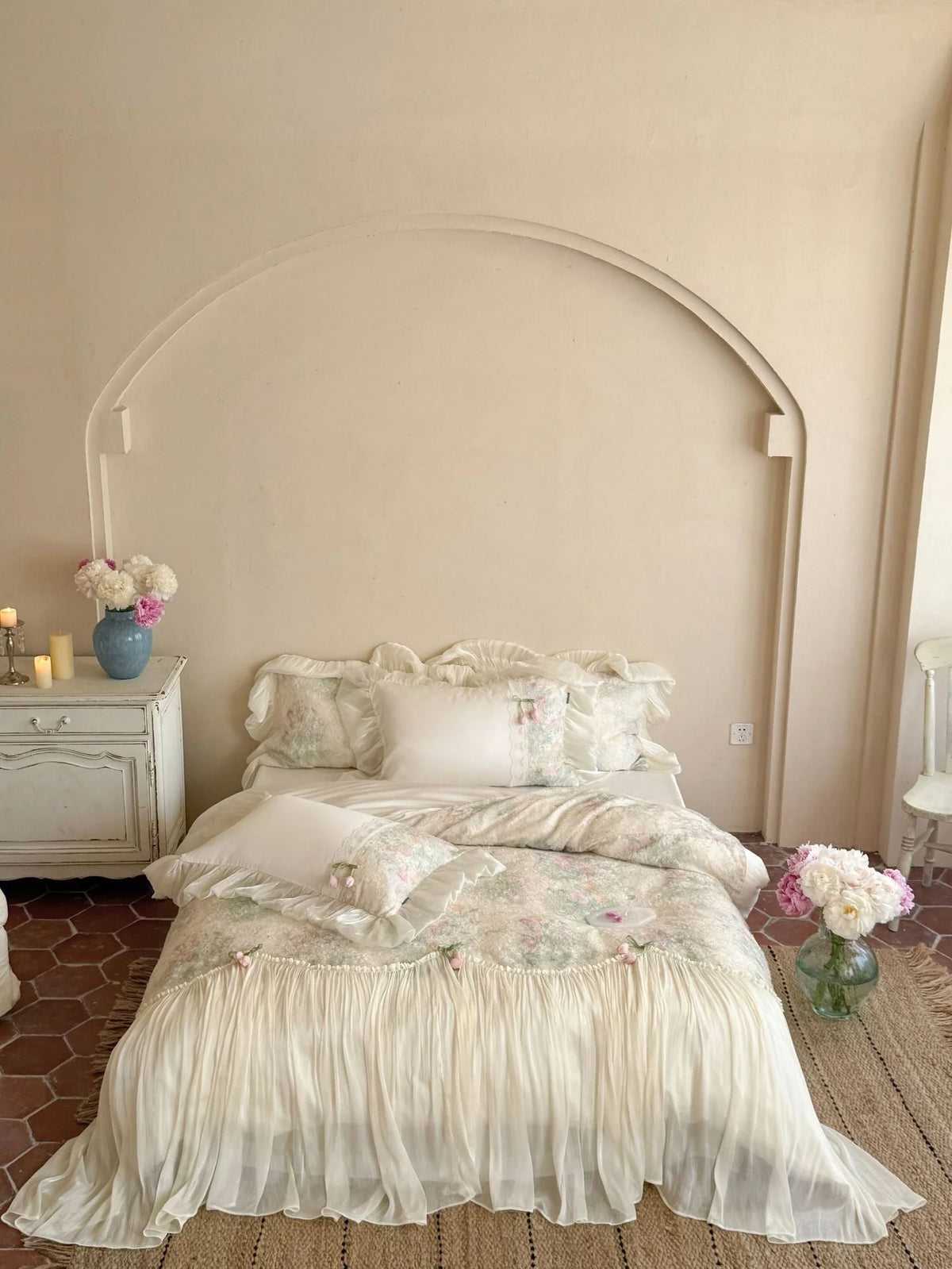 Bedding Set Floral Ruffled Cotton Blend 4-Piece