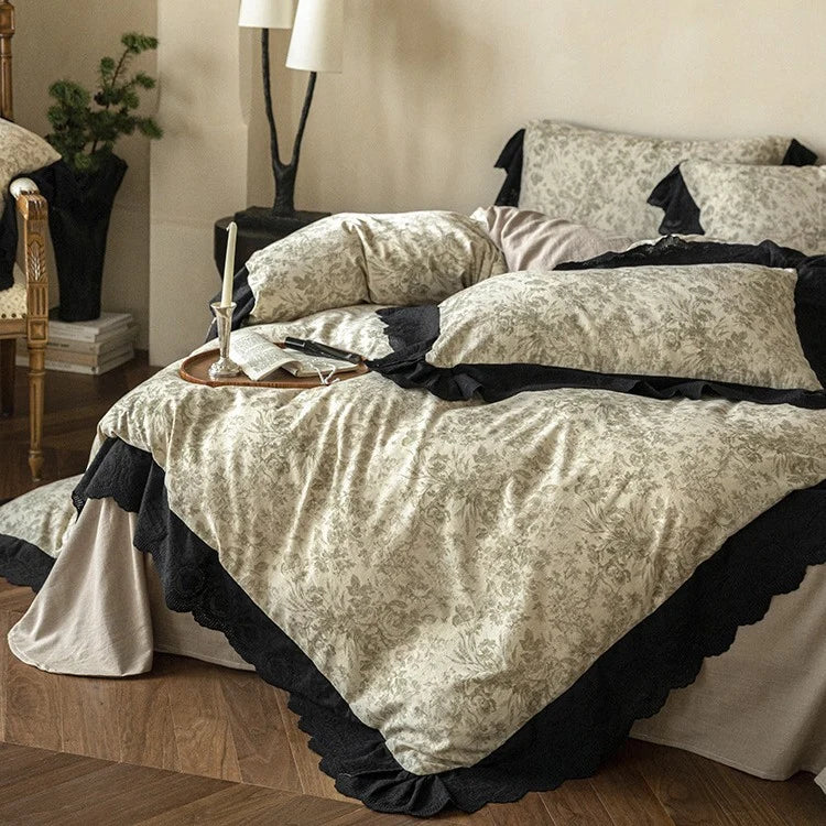 Bedding Set Floral Toile Lace Trim Cotton Blend