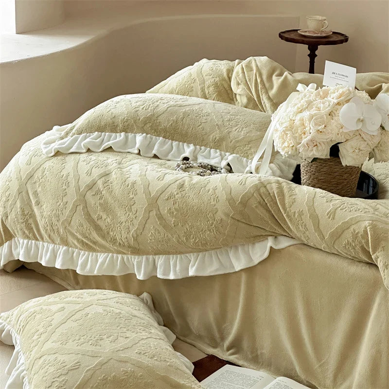 Bedding Set Jacquard Damask Ruffle Trim 4 Piece