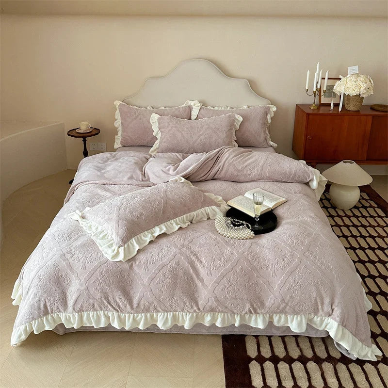 Bedding Set Jacquard Damask Ruffle Trim 4 Piece