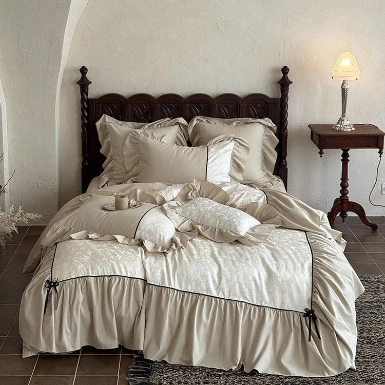 Bedding Set Jacquard Relief Ruffled Edges Cotton Blend 4-Piece