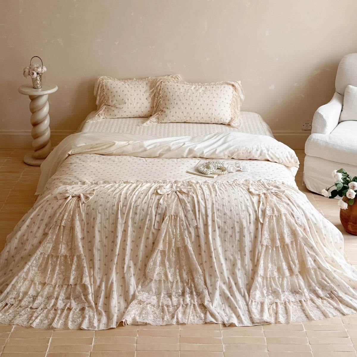 Bedding Set Lace Ruffle Cotton Blend 4-Piece With Bed Skirt
