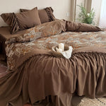 Bedding Set Leaf Embroidered Cotton Blend & Ruffled Pillowcases