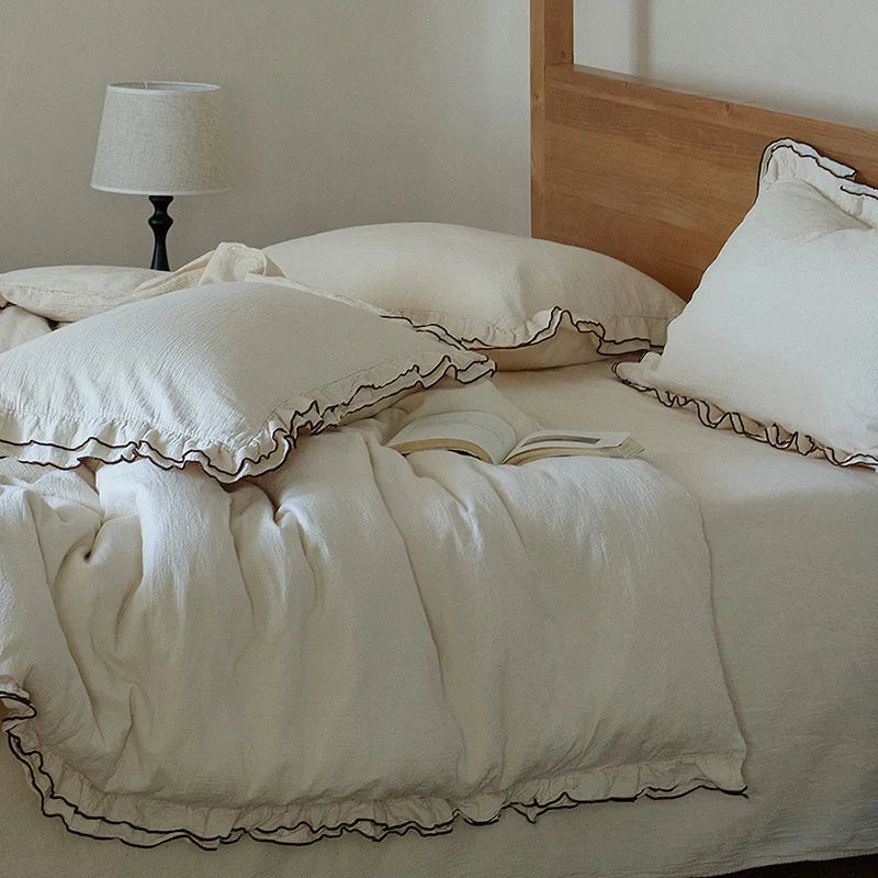 Bedding Set Linen Cotton Blend Ruffled Edge Throw Included