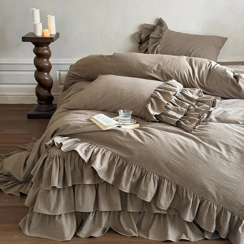Bedding Set Linen-Look Multi-Layer Ruffles 4-Piece