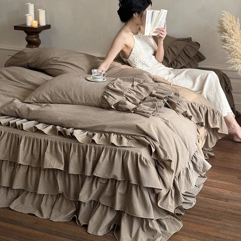 Bedding Set Linen-Look Multi-Layer Ruffles 4-Piece