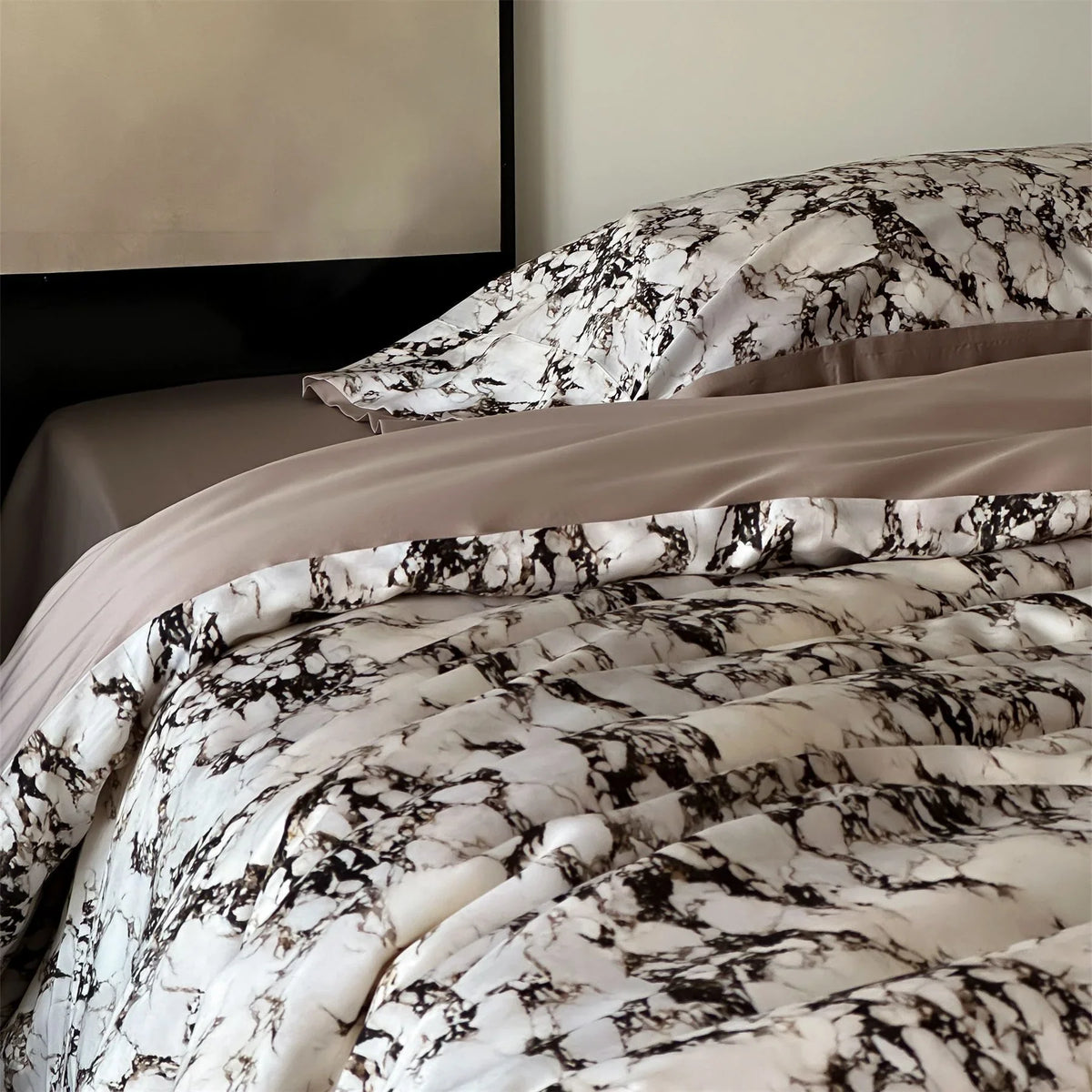Bedding Set Marble Print Cotton Satin Breathable Hotel Closure
